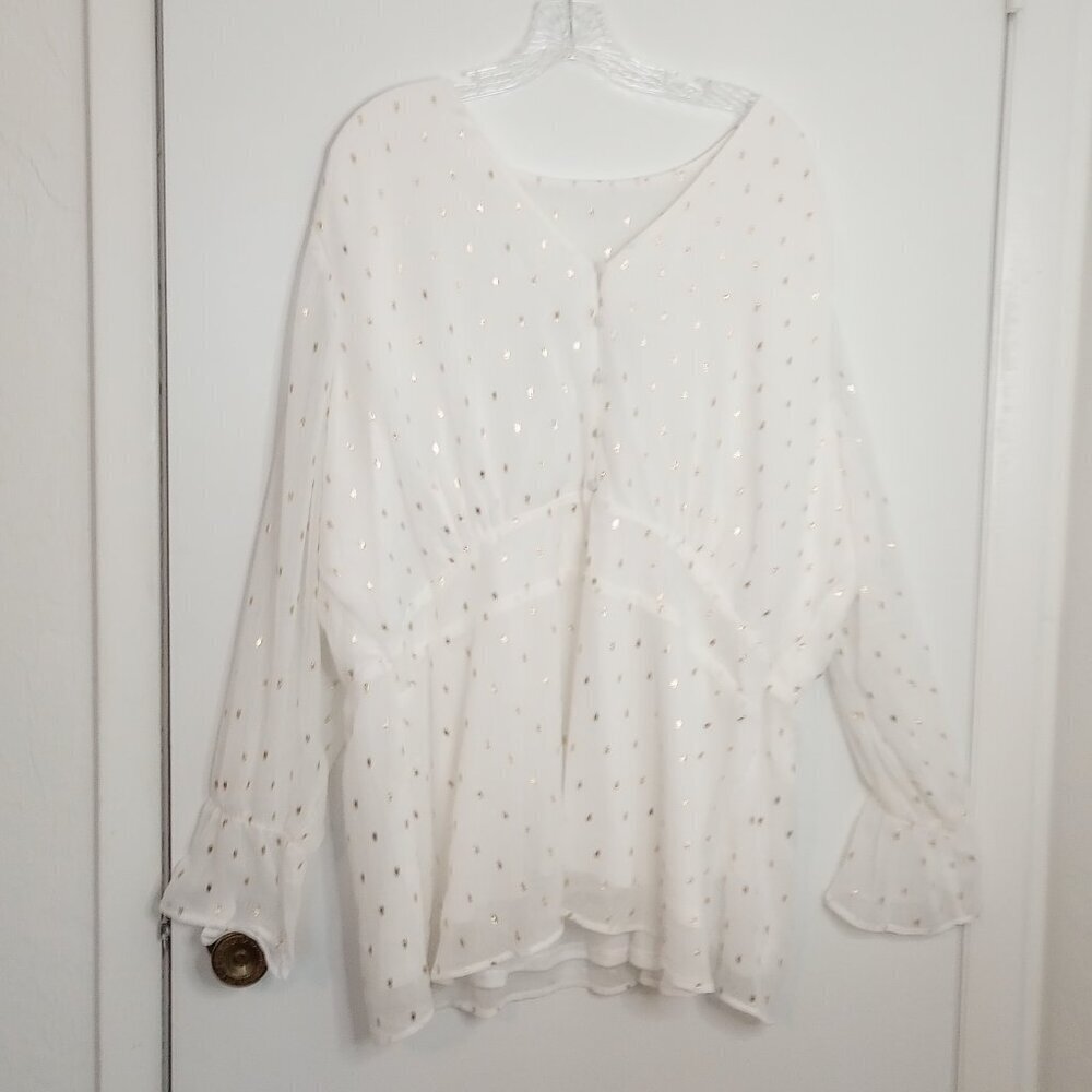 Lane Bryant White Foil-Dot Button-Front Peplum Top